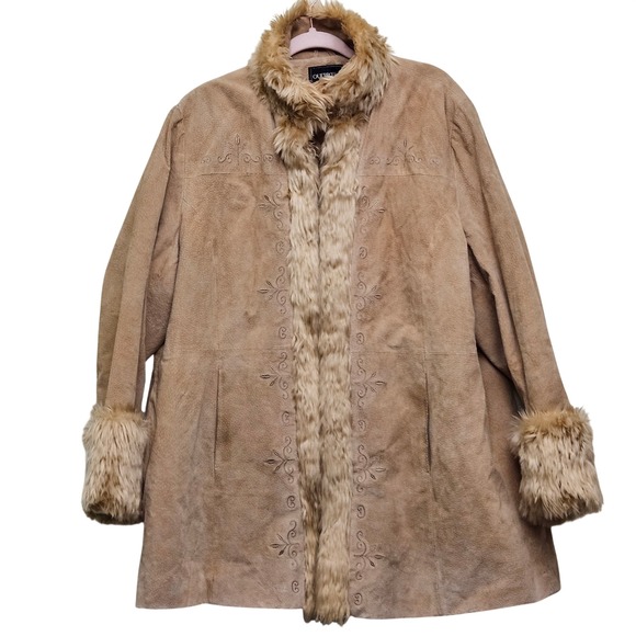 Vintage 90s Suede Penny Lane 3X Fur Trim Coat Tan Phoebe Bratz Alternative Boho